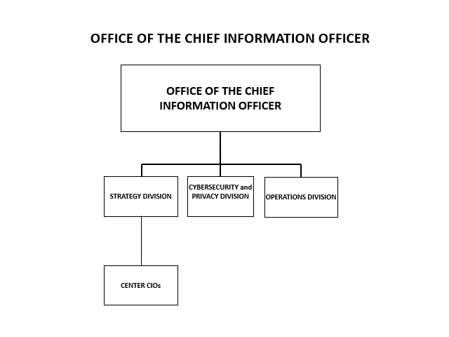 This image show the organizational chart for the Office of the Chief Information Officer. Line of succession in the following order: Deputy CIO Deputy CIO for Strategy; Deputy CIO for Operations; and Senior Agency Information Security Officer.