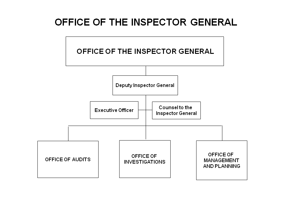 This image shows the organizational chart for the Office of the Inspector General. Line of succession in the following order:  Deputy Inspector General; Assistant Inspector General for Investigations; and Assistant Inspector General for Auditing.  The process for designating an Acting Inspector General is set forth at 5 U.S.C. § 3345 et. seq.
