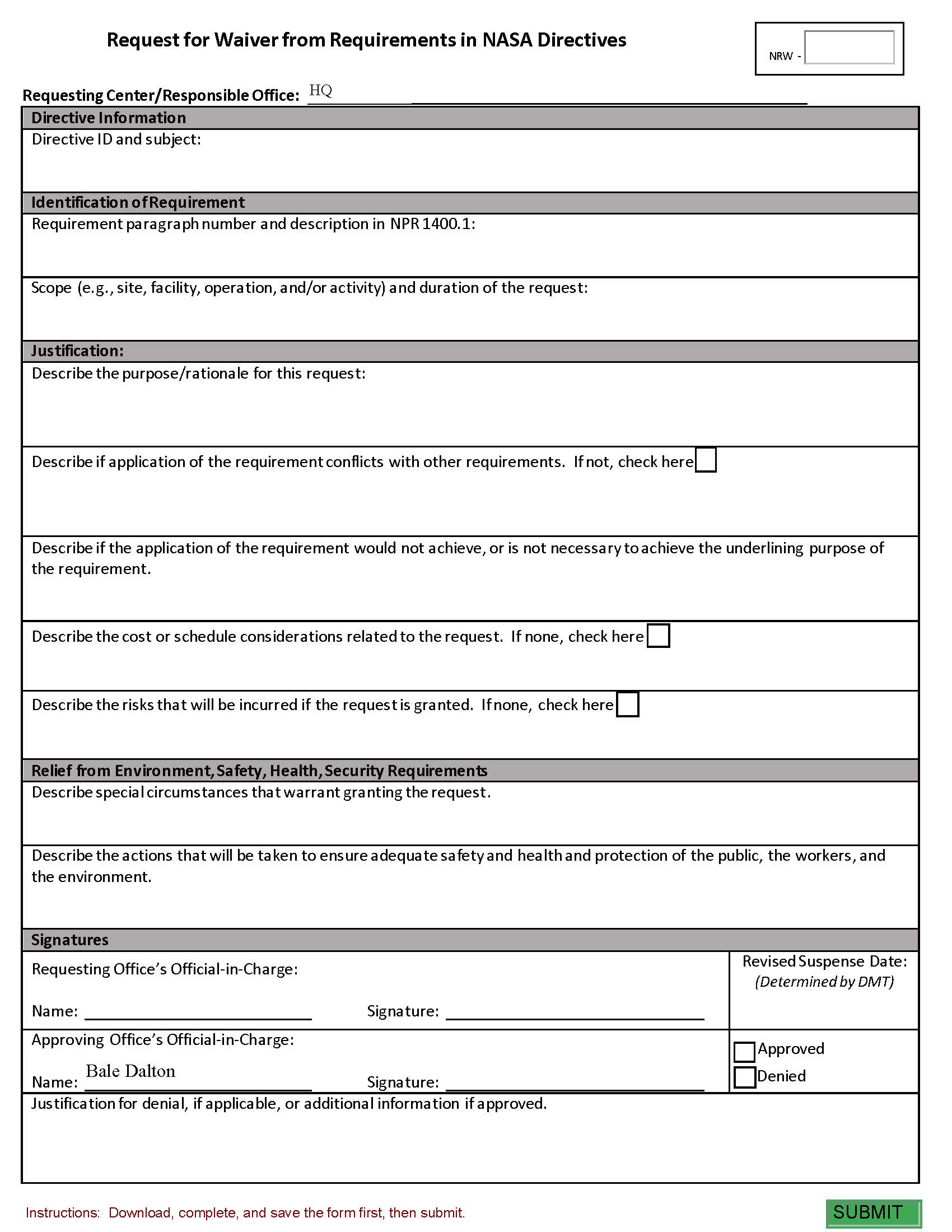 The image shows the form used for Requests for waivers from requirements in NASA Directives.