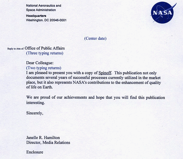 Figure 3.5. This image shows page 1 of the Multiple-Addressee Letter to Non-NASA Addressees.