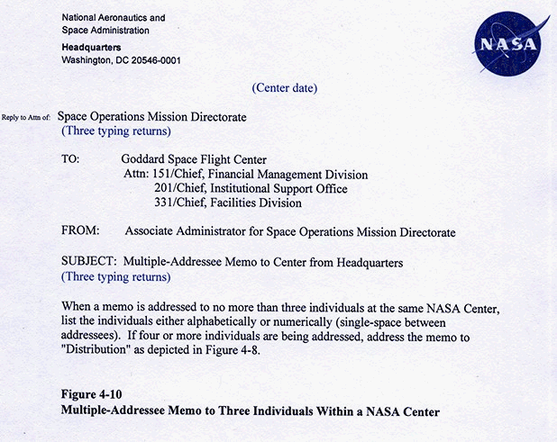 Figure 4.10. This image shows the Multiple-Addressee Memo to Three Individuals Within a NASA Center.