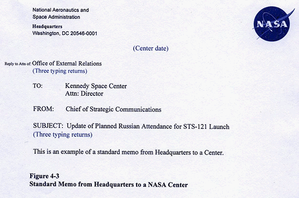 Figure 4.3. This image shows the Standard Memo from Headquarters to a NASA Center.
