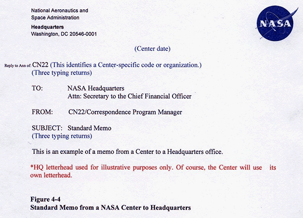 Figure 4.4. This image shows the Standard Memo from a NASA Center to Headquarters.
