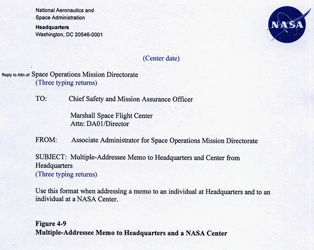Figure 4.9. This image shows the Multiple-Addressee Memo to Headquarters and a NASA Center.