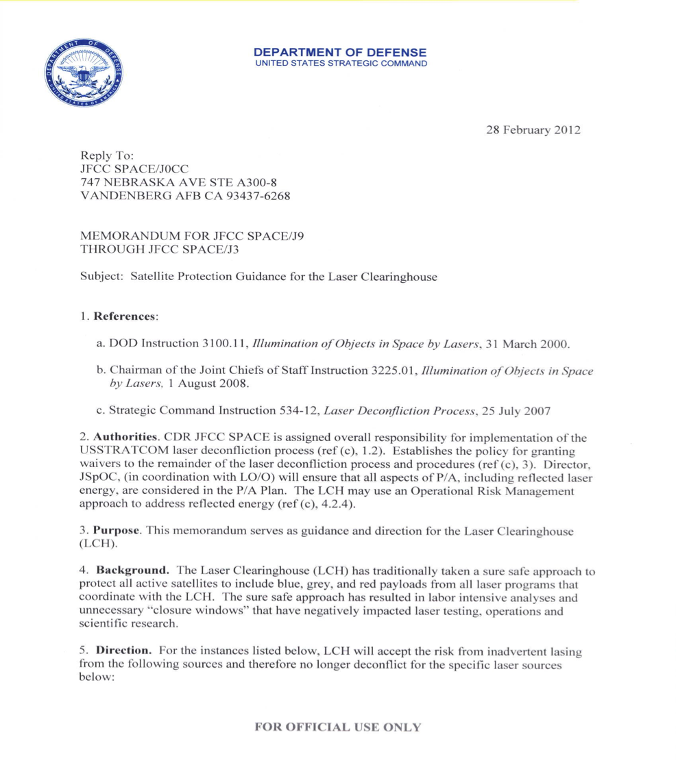 This image shows page 1 of the DOD Memo for the Satellite Protection Guidance for the Laser Clearinghouse.