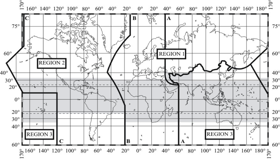 Figure 1-2 shows Geographic Regions for Frequency Allocation of the Spectrum