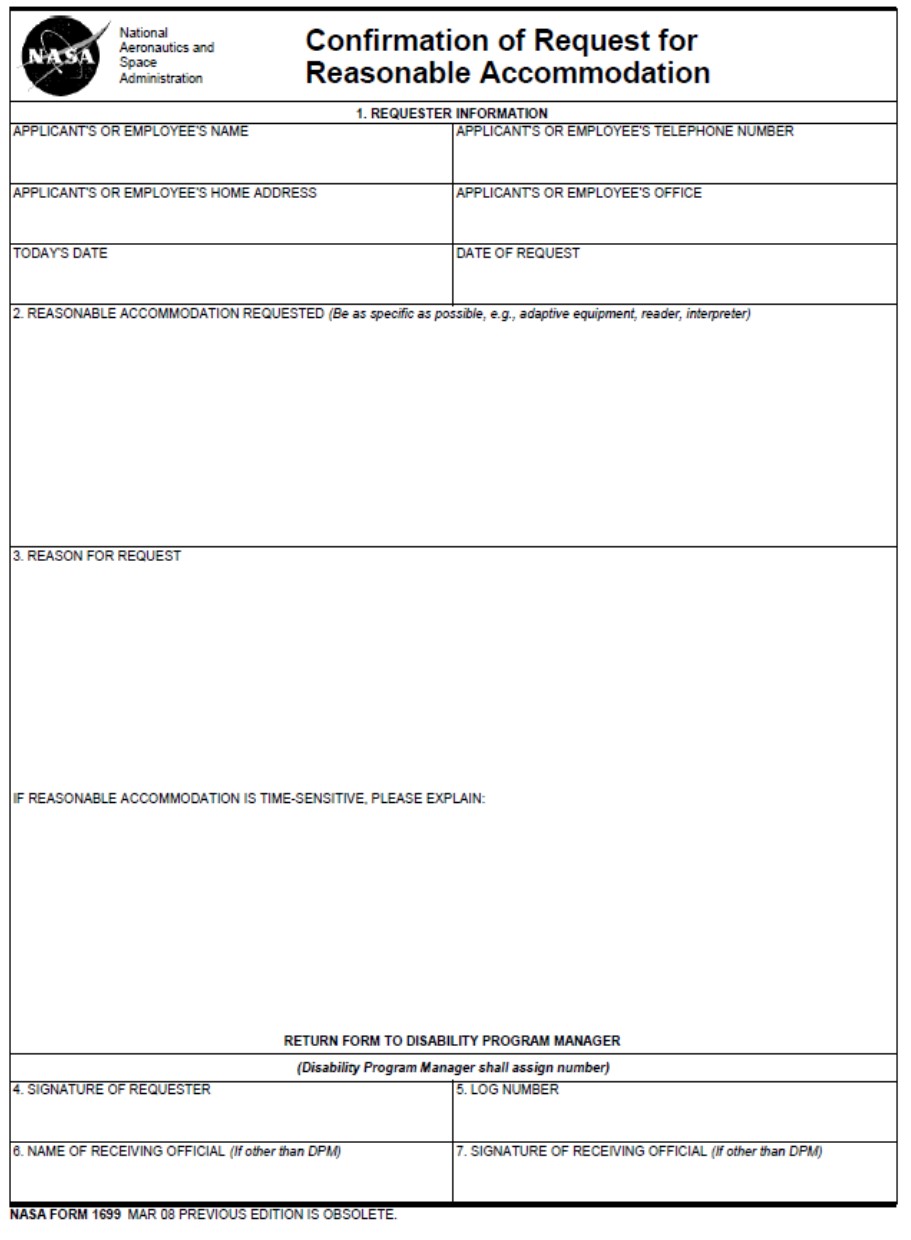 Figure F.1 image shows page 1 of the NF1699 Confirmation of Request for Reasonable Accommodation.