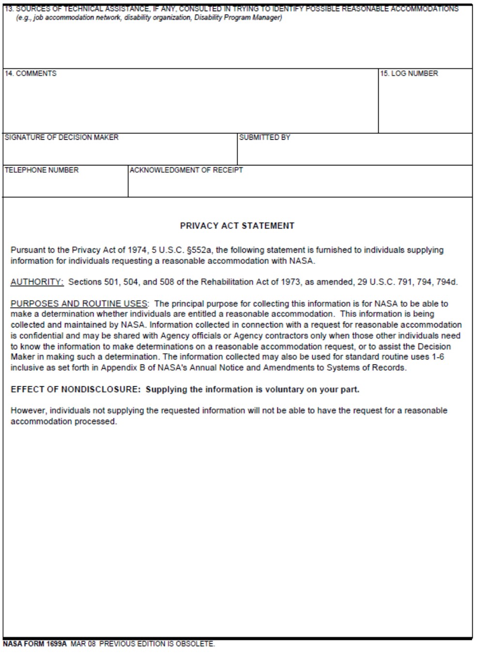 Figure F.2 image shows page 2 of the NF1699A Disposition of Reasonable Accommodation Request.