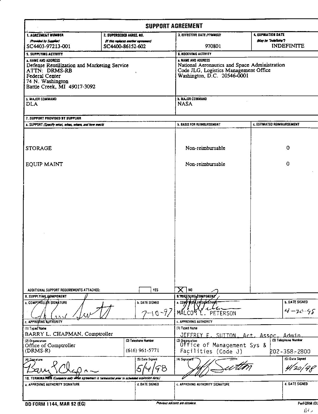 DD Form 1144 - Support Agreement - Front