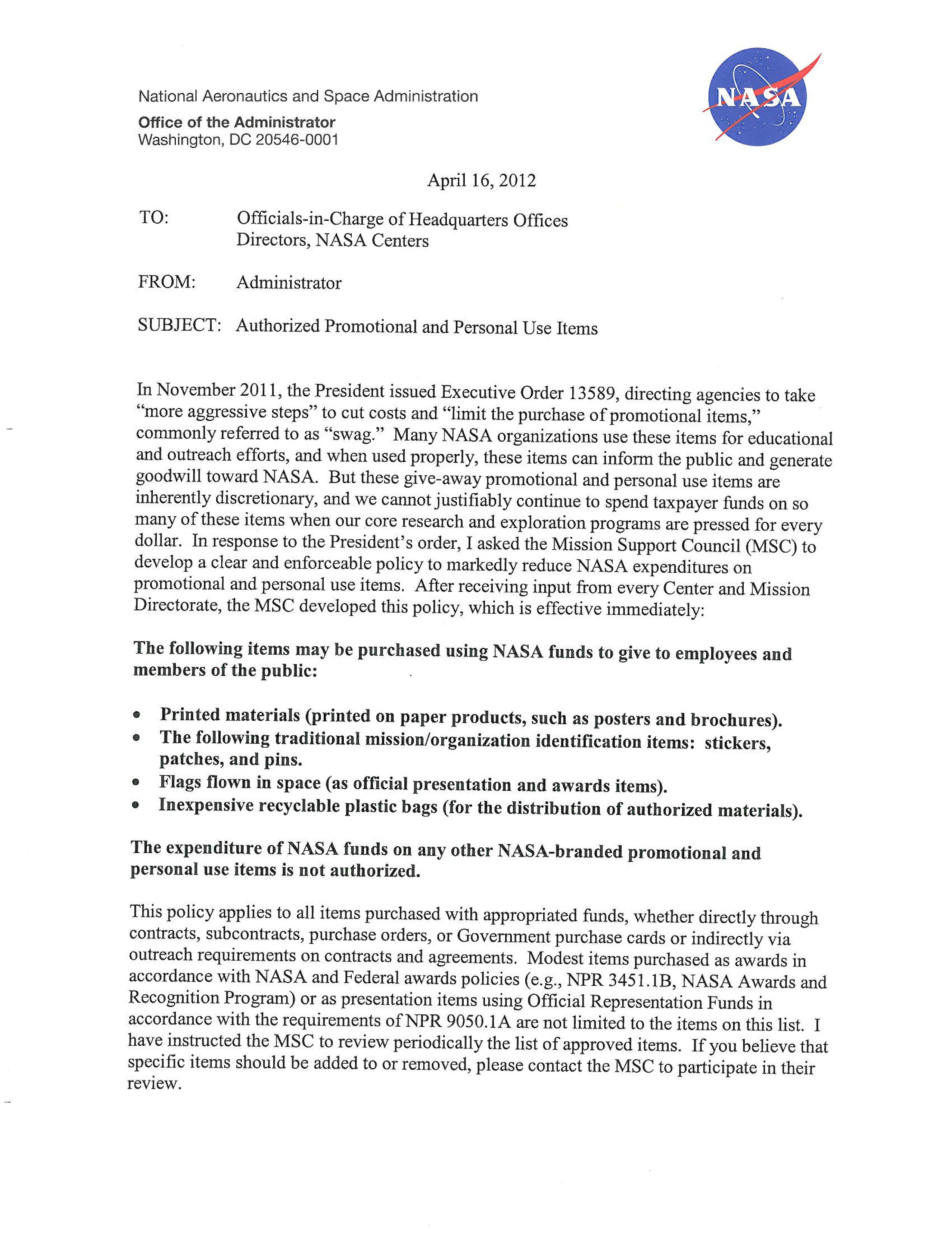 Image shows page 1 of the NASA Personal Property Disposal Procedural Requirements memo from the Office of the NASA Administrator dated April 16, 2012.