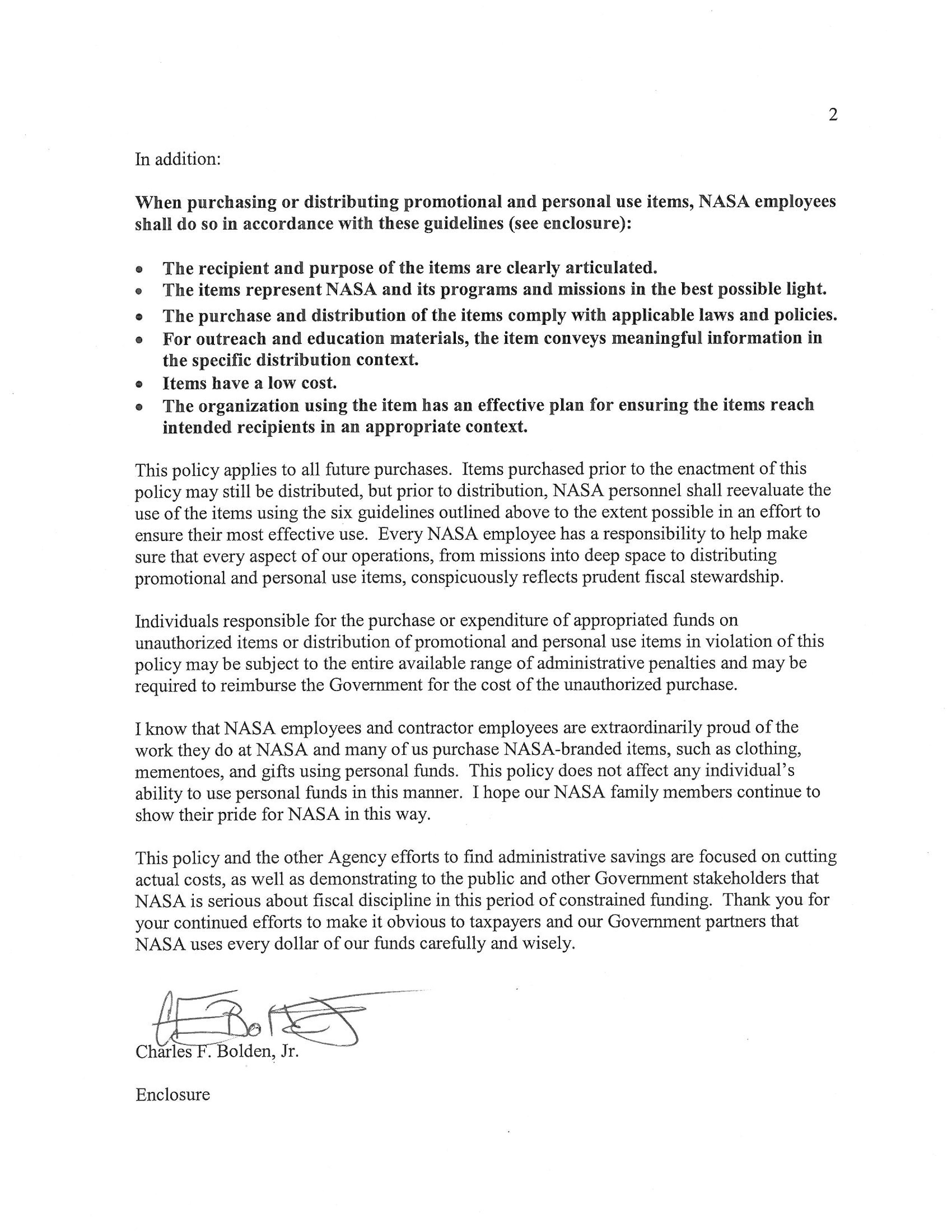 Image shows page 2 of the NASA Personal Property Disposal Procedural Requirements memo from the Office of the NASA Administrator dated April 16, 2012.