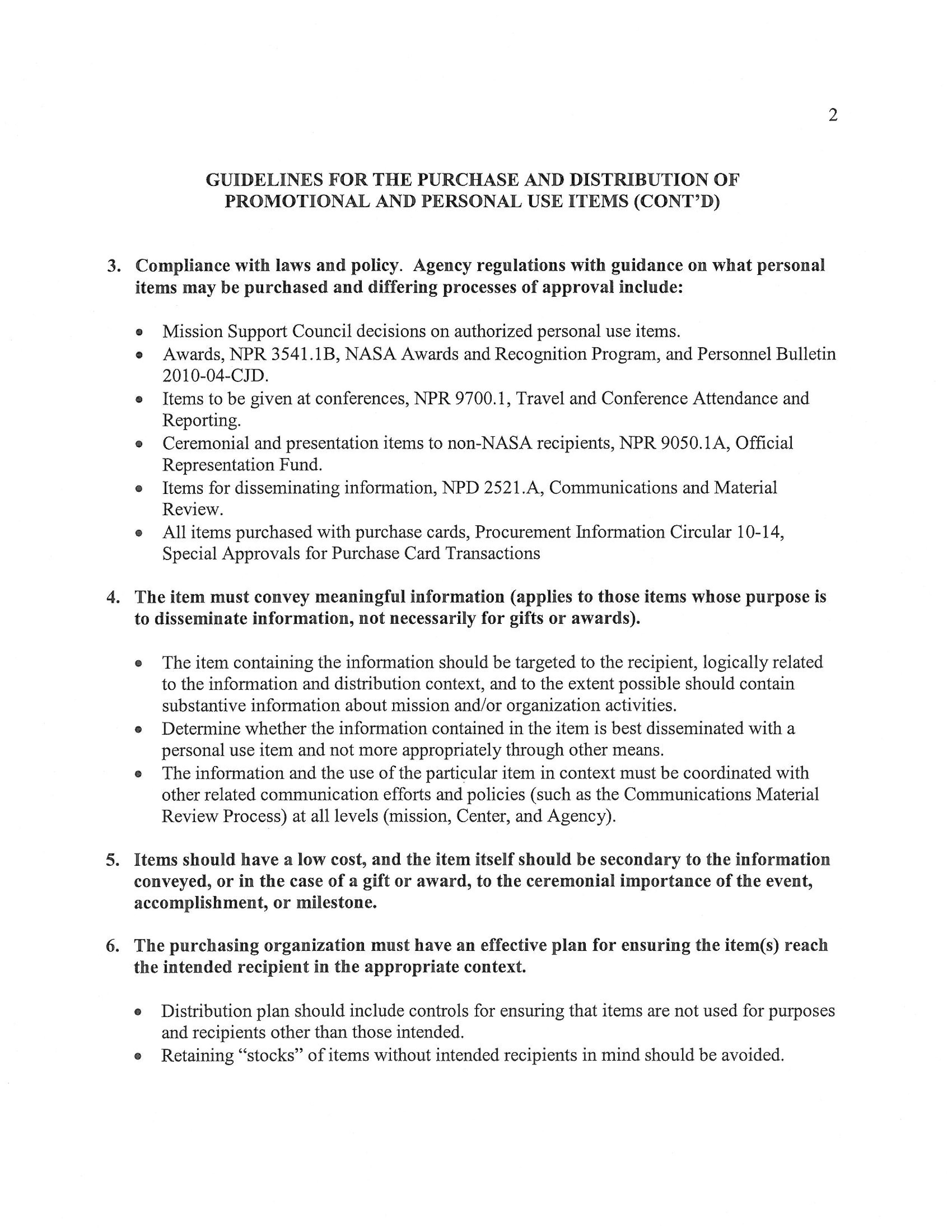 Image shows page 4 of the NASA Personal Property Disposal Procedural Requirements memo from the Office of the NASA Administrator dated April 16, 2012.