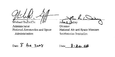Images shows approval signature of NASA Administrator and the Smithsonian National Air and Space Director