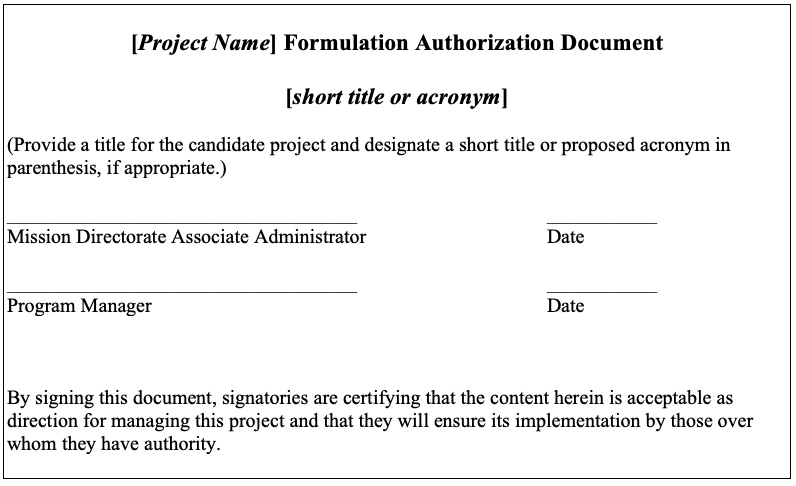 Figure E-2 shows the Project Formulation Authorization Document Title Page