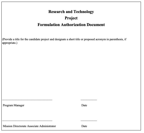 Figure F-1 R&T shows the Project Formulation Authorization Document Title Page