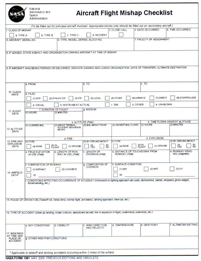 NASA Form 1391 - NASA Flight Mishap Checklist - Front