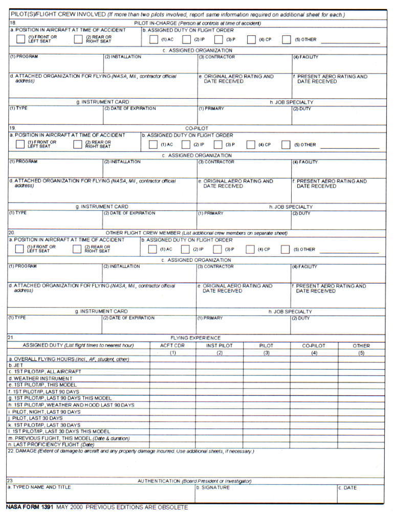 NASA Form 1391 - NASA Flight Mishap Checklist - Back