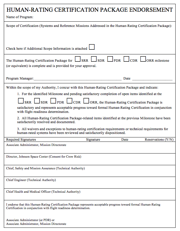 Appendix E. Human-Rating Certification Package Endorsements image shows the form used for certification.