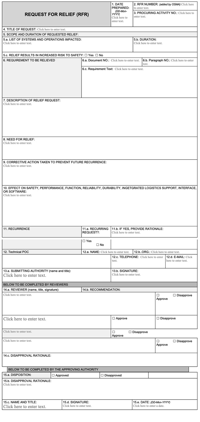 Appendix D. shows the Example Request For Relief Form