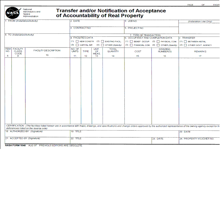 Figure C.8-a NASA Form 1046, Transfer and/or Notification of Acceptance of Accountability of Real Property