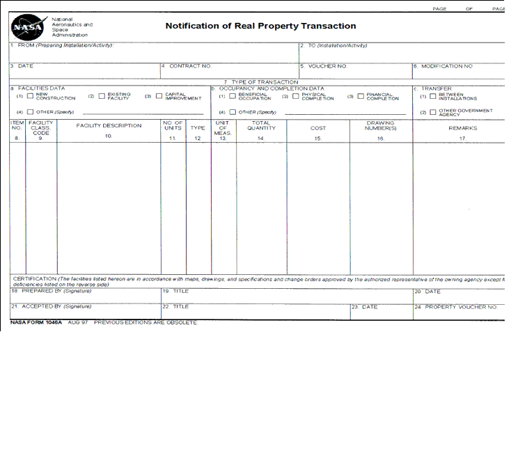 Figure C.9-a NASA Form 1046A, 1046A, Notification Real Property Transfer