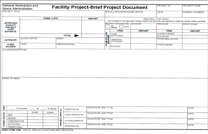 Figure C.1-a NASA Form 1509, Facility Project - Brief Project Document