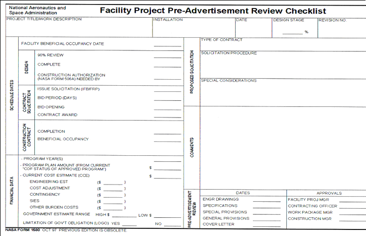Figure C.4 - NASA Form 1580, Facility Project Preadvertisement Review Checklist
