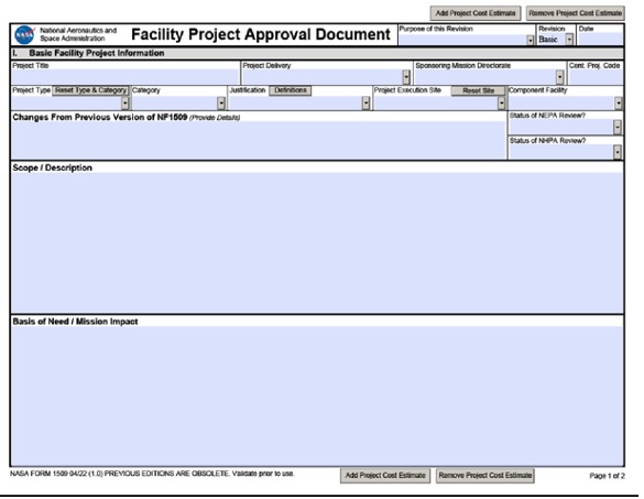 Figure F-1, NASA Form 1509, Facility Project Approval & Cost Estimate Document, Page 1 of 4