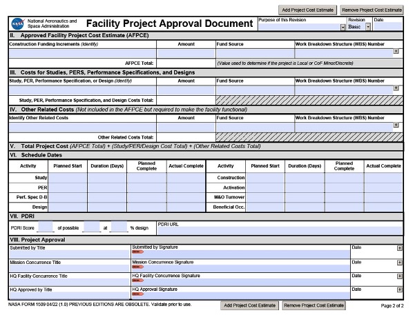 Figure F-2, NASA Form 1509, Facility Project Approval & Cost Estimate Document, Page 2 of 4