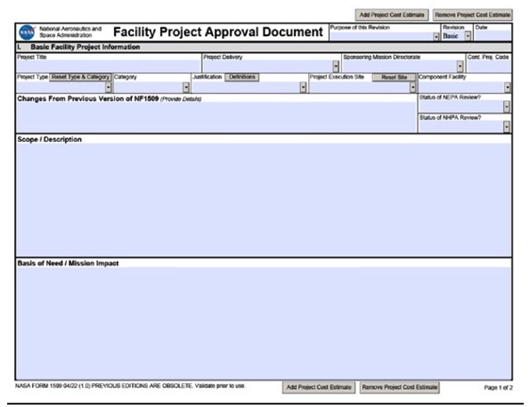 Figure F-1, NASA Form 1509, Facility Project Approval & Cost Estimate 
</p>

Document, Page 1of 4