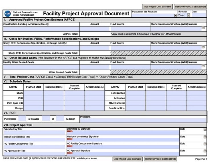 Figure F-2, NASA Form 1509, Facility Project Approval & Cost Estimate Document, Page 2 of 4