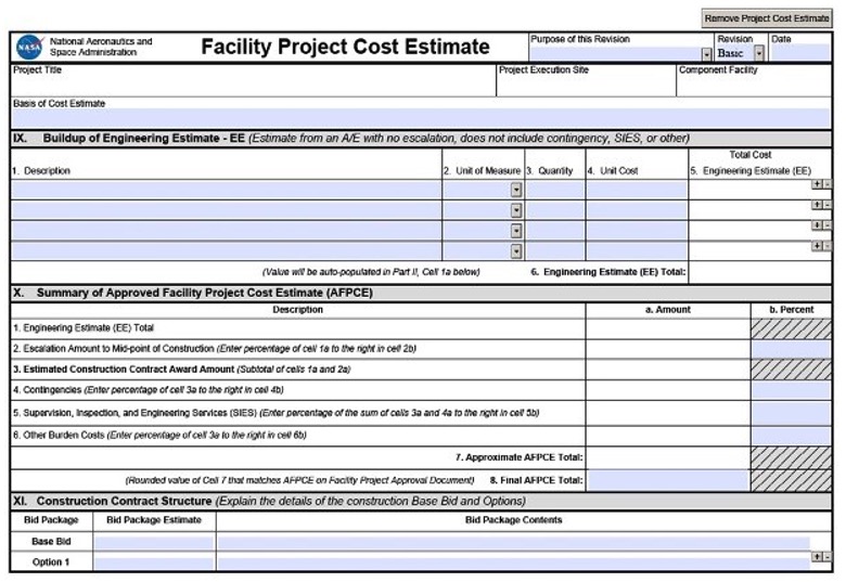 Figure F-3, NASA Form 1509, Facility Project Approval & Cost Estimate 
</p>

Document, Page 3 of 4