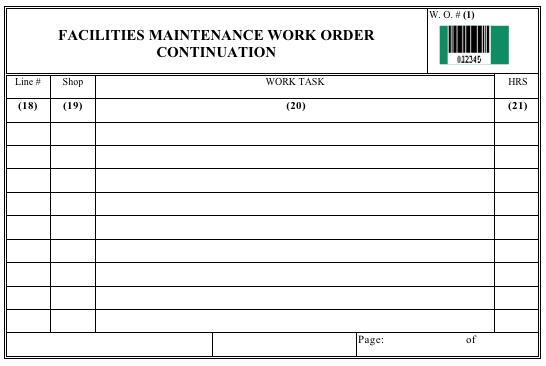 Figure D-4 Sample Form: Facilities Maintenance Work Order Continuation Sheet
