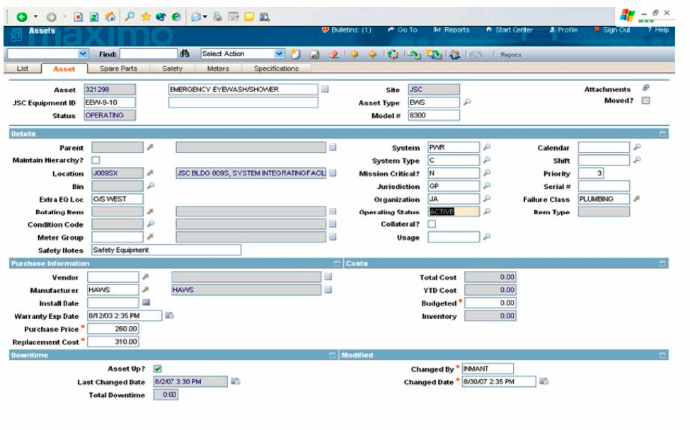 Figure E-2 Sample Equipment Screen. Figure E-2 is a sample screen from an equipment module that allows the operator to keep accurate and detailed records of each piece of equipment. Accurate historical data can be used to help make cost-effective replace or repair decisions. All equipment-related data is available, such as bill of material, preventive maintenance schedule, service contracts, safety procedures, measurement points, multiple meters, inspection routes, specification data (nameplate), equipment downtime, and related documents. This equipment data is used for managing day-to-day operations. The data can be used to develop additional management information, such as developing equipment downtime failure code hierarchies to use in maintenance management metrics.