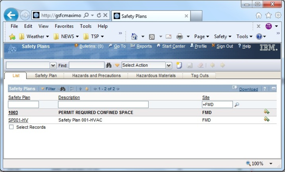 Figure E-3 Sample Safety Plans Screen. Figure E-3 shows the tag-out screen of the safety plan module of this example system. 