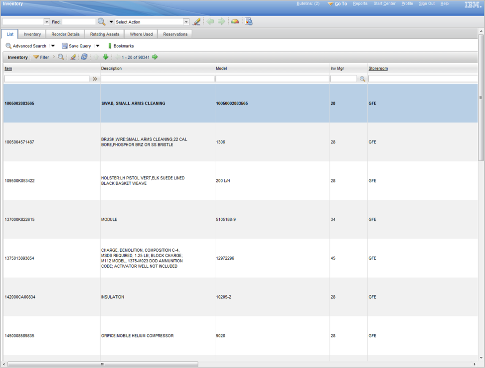 Figure E-4 Sample Inventory Control Screen. The inventory control application shown in Figure E-4 allows the operator to track inventory movement, such as move items in or out of inventory, or from one location to another. Stocked, nonstocked, and special order items can be tracked. 