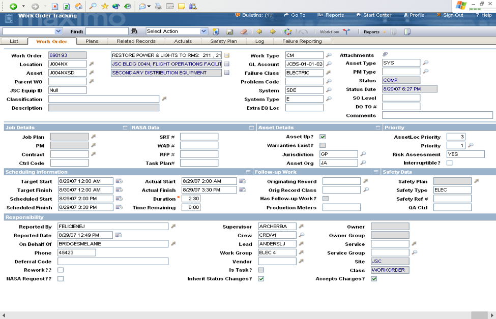 Figure E-7 Work Order Tracking/Work Management Plan Sample Screen. In the planning mode shown in Figure E-7, labor assignments are planned for future shifts. Each person's calendar availability is considered when the assignments are made. The assignments are created sequentially over the shift, filling each person's daily schedule with priority work for the craft. It can even split larger jobs over multiple shifts automatically.