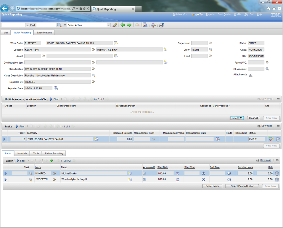 Figure E-8 Sample Quick Reporting Screen. Figure E-8 shows a sample Quick Reporting screen that provides a rapid and easy means for opening, reporting on, and closing work orders; reporting work on small jobs after the fact; and even creating work orders on the fly. Labor, materials, failure codes, completion date, and downtime can all be reported on this one screen.