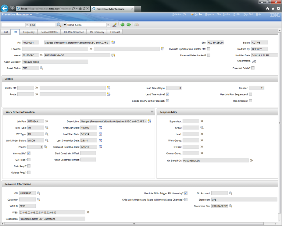 Figure E-9a Sample Preventive Maintenance Screen. 