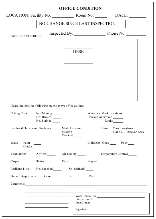 Figure 10-1 Facility User Inspection.  Note: Figure 10-1 should be printed back-to-back with Figure 10-2 form. 