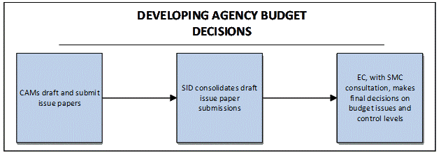 Figure 3-3, Agency Budget Decision Process. The EC conducts an Agency Budget Submit Decision Review to make and document final decisions on control levels, policies, priorities, trades, and other strategies. Senior leaders balance the needs of the programmatic Mission Directorates with resources available, achieve a strategic balance between programmatic and institutional needs, and optimize the capabilities and capacities across the Agency. When required, the EC determines which priorities will be included as overguide requests in the OMB Submit.