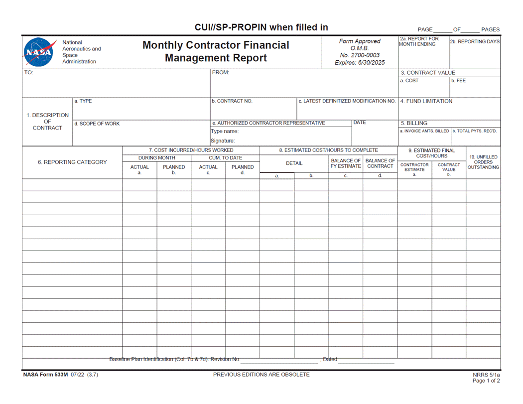 NASA form NF 533M, page 1 - front