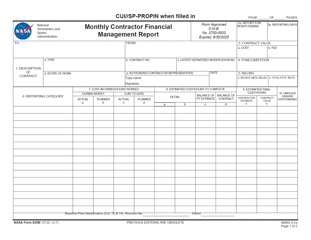 NASA form NF 533M